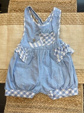 Vintage Bonjour Light Blue Gingham ruffle Trim Romper